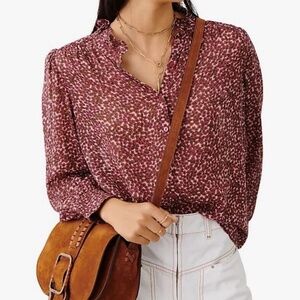 Ba&sh Pabi Printed Ruffle Neck Button-Front Blouse in Framboise, size 0 (XS)